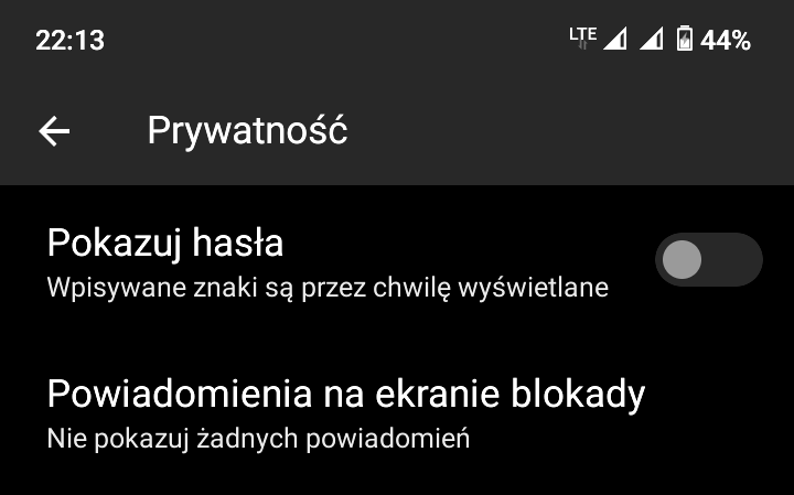 Wyłączenie opcji Pokazuj hasła (Android)